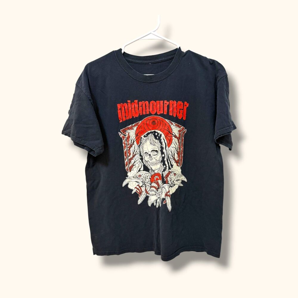 Midmourner Shirt Mens M Skull Hood Graphic Black Red Short Sleeve
